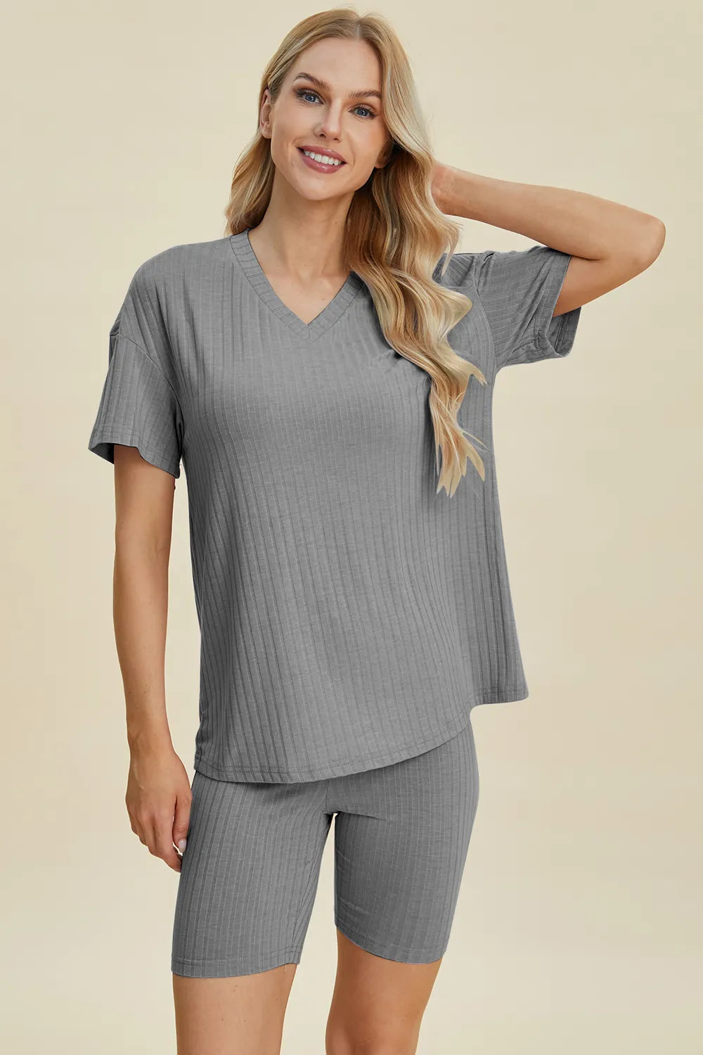 Plus Size Ribbed V-Neck Short Sleeve Top and Shorts Set in Caramel for Women