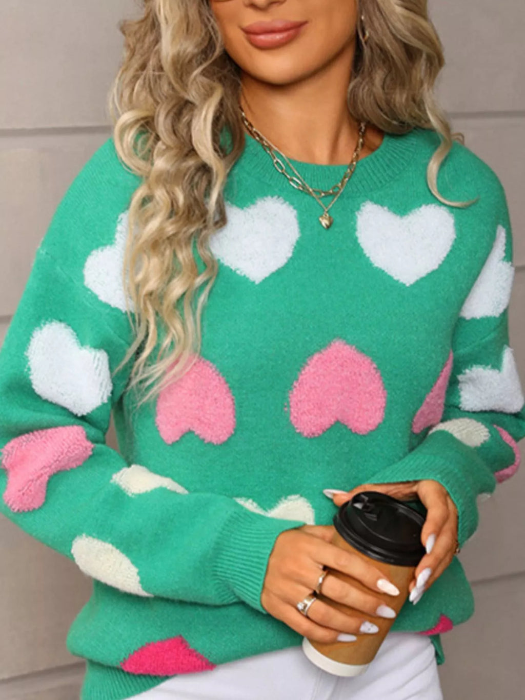 Valentines Day Heart Pattern Fuzzy Knit Sweater in Green for Women