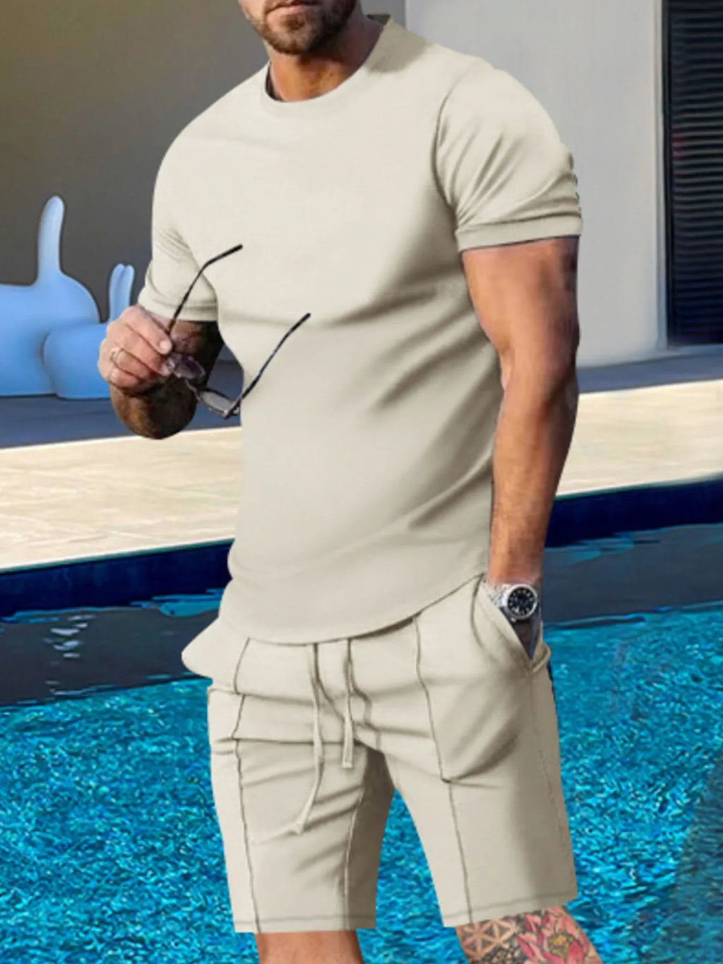Plus Size Round Neck Short Sleeve Top and Shorts Set in Light Gray for Men