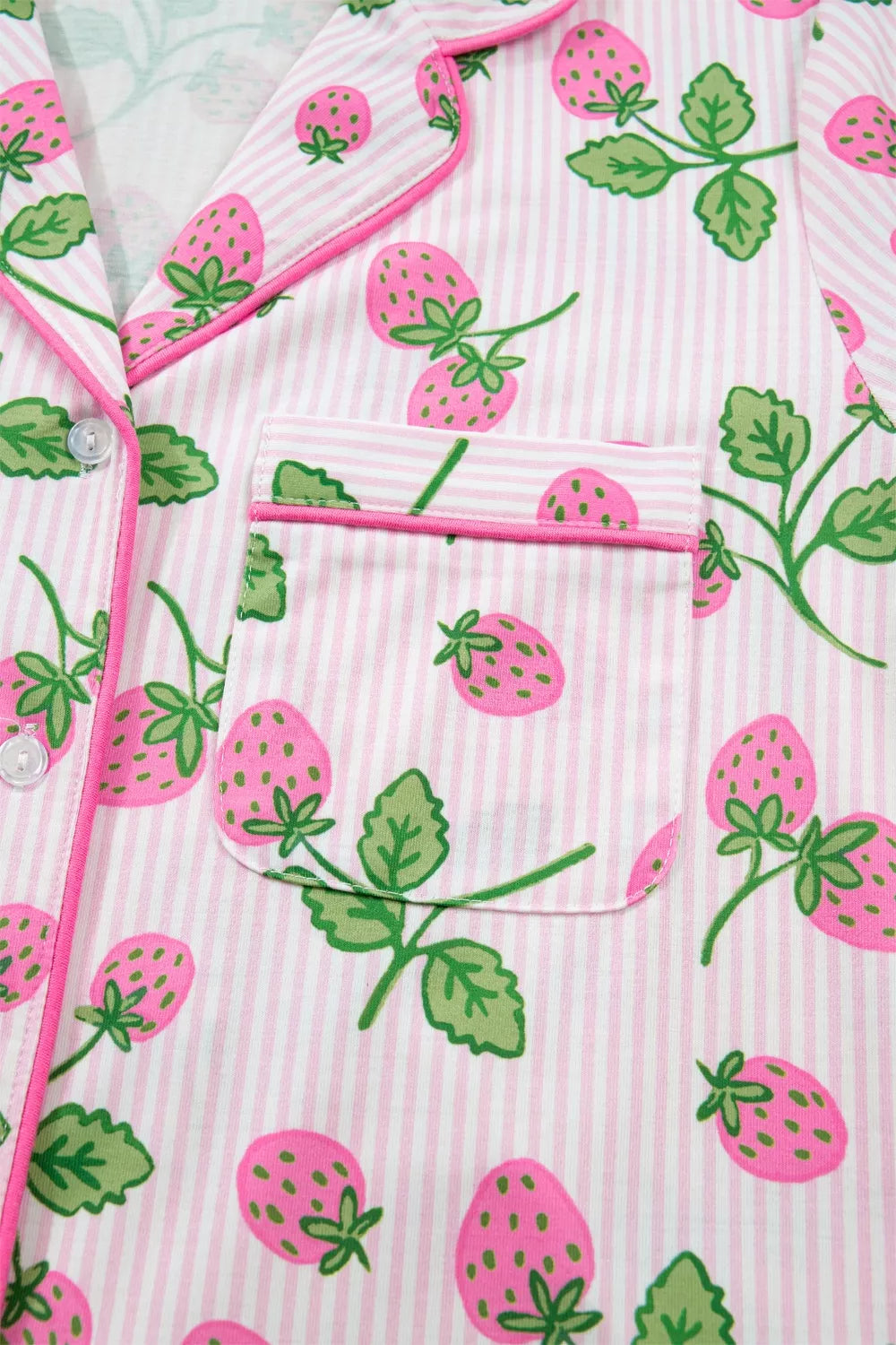 Striped Strawberry Print Lapel Shirt Drawstring Shorts Two-Piece Pajama Set for Women