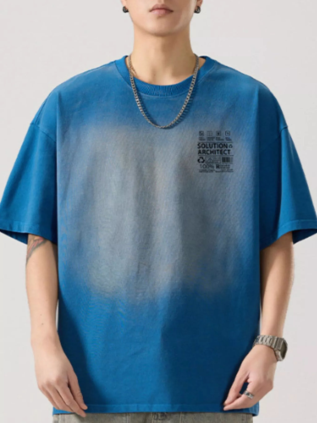 Round Neck Oversized T-Shirt Plus Size in Washed Blue for Men