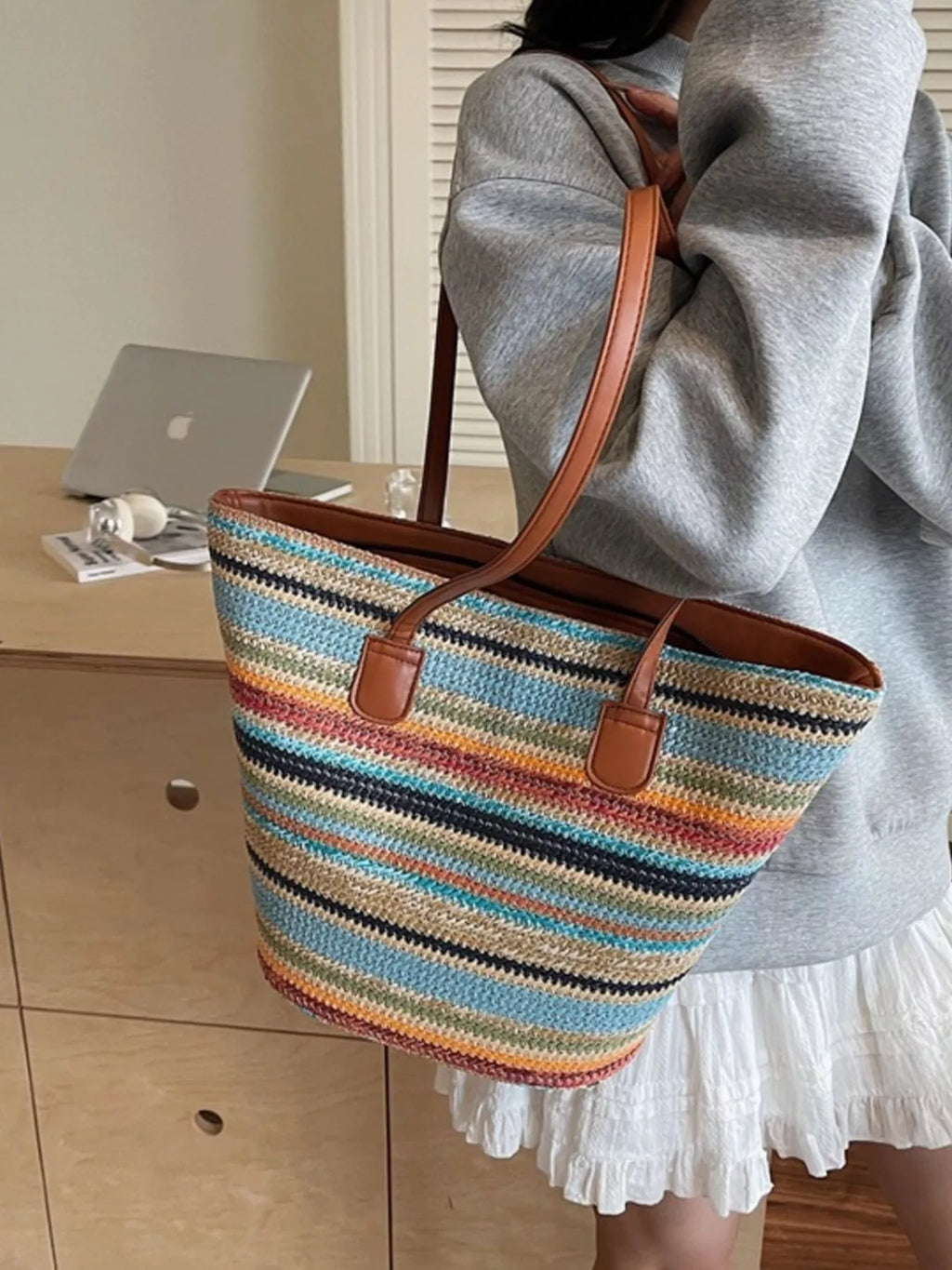 Striped Woven Shoulder Bag for Women