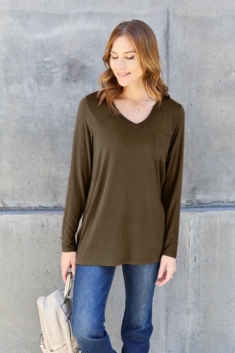 Plus Size V-Neck Long Sleeve Top in Mocha for Women