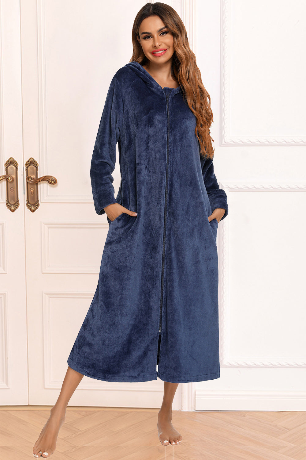 Zip Front Hooded Night Dress with Pockets in Black in Charcoal for Women