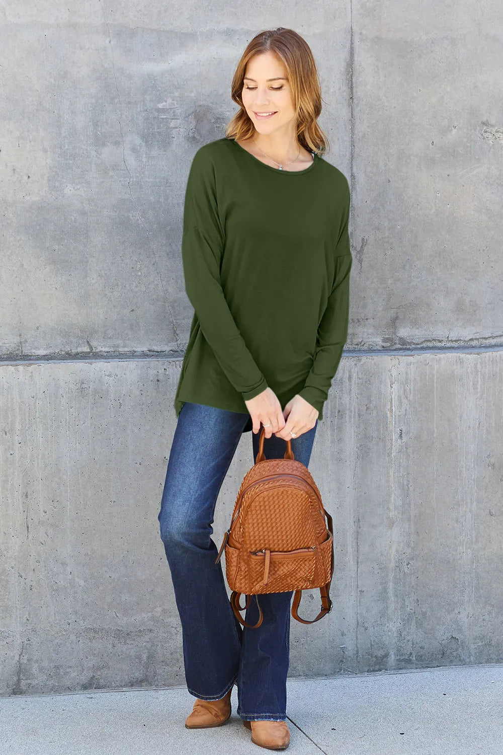 Plus Size Round Neck Dropped Shoulder T-Shirt in Army Green for Women