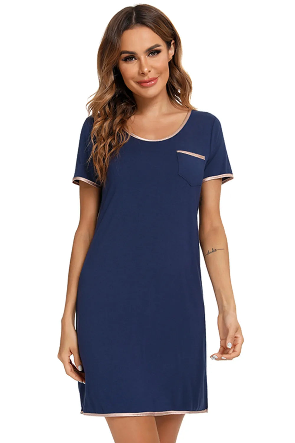 Contrast Trim Pocketed Round Neck Lounge Dress in Dark Blue for Women