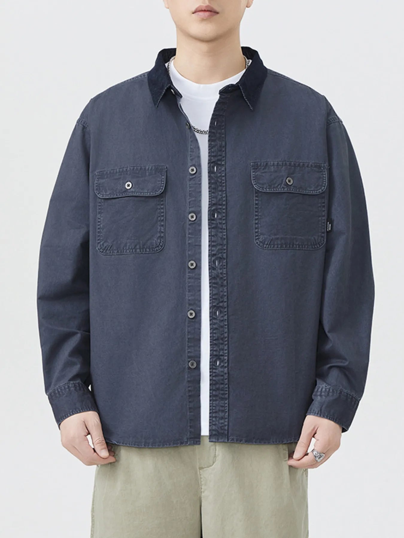 Plus Size Button Up Long Sleeve Shirt in Khaki for Men
