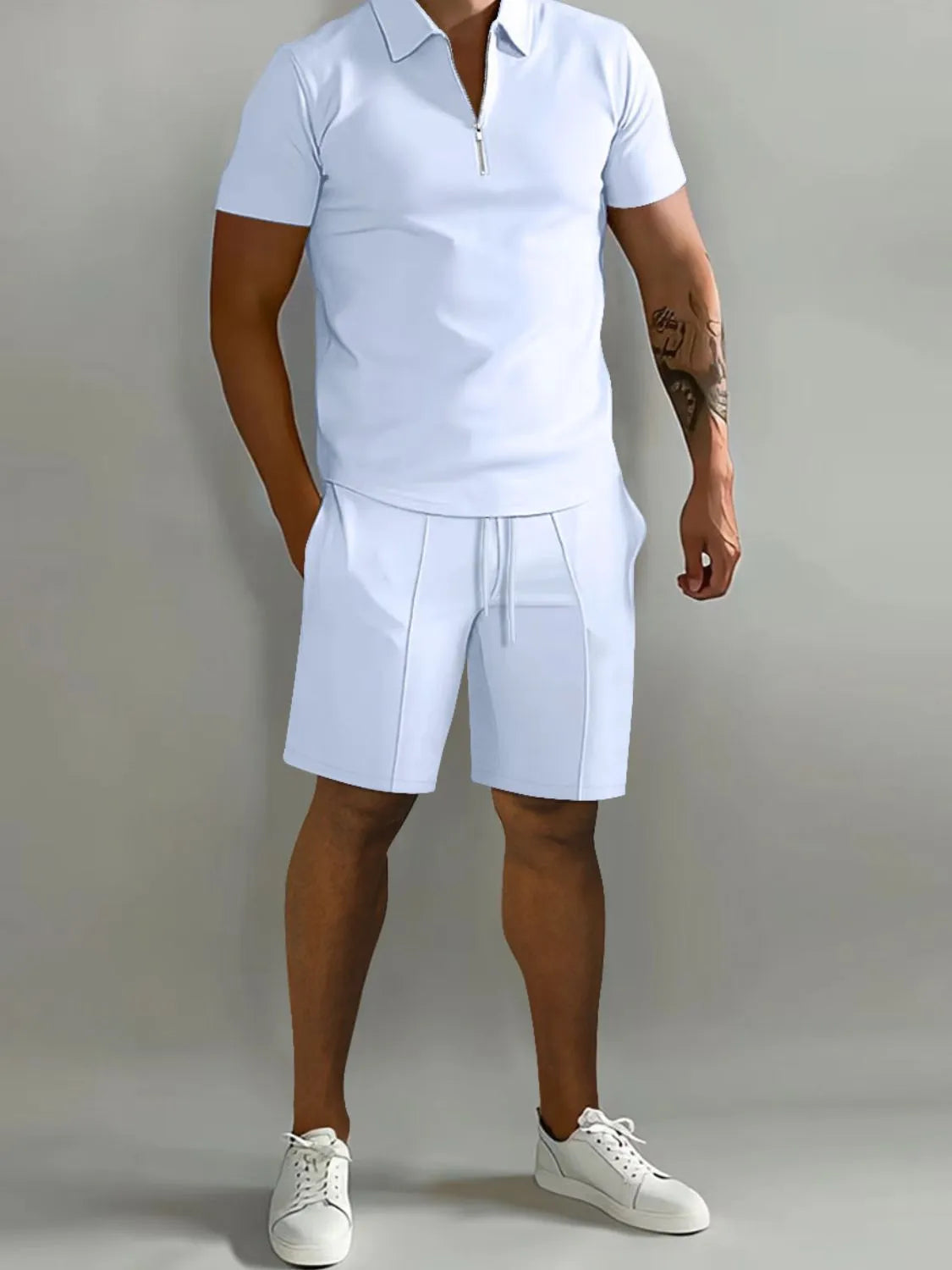 Collared Neck Short Sleeve Top and Shorts Set Plus Size in Gray in Black for Men