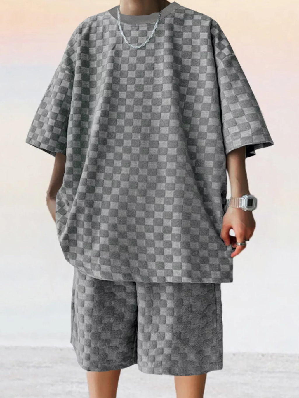 Textured Short Sleeve Tee and Shorts Casual Set Plus Size in Black for Men