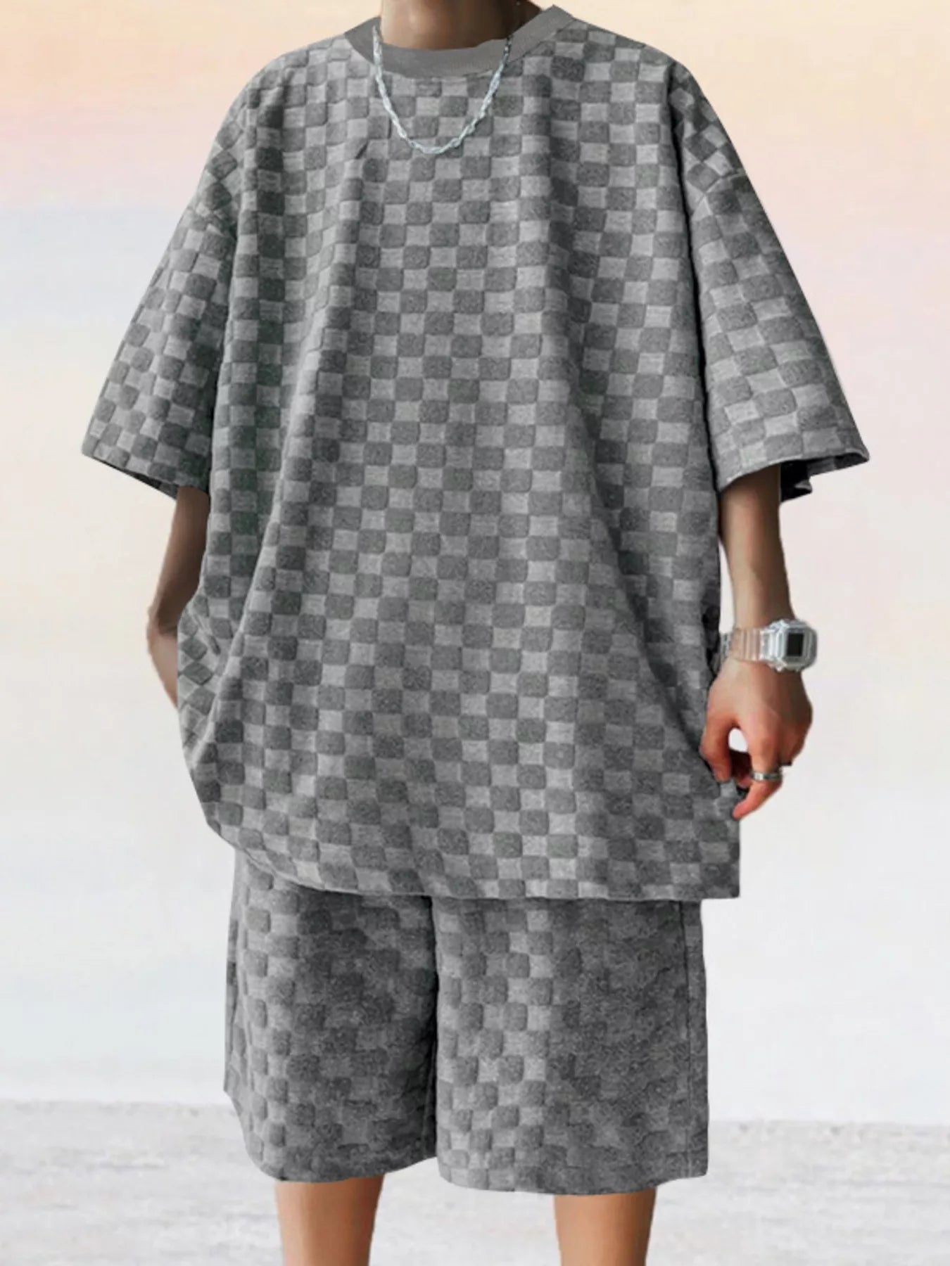 Textured Short Sleeve Tee and Shorts Casual Set Plus Size in Black for Men