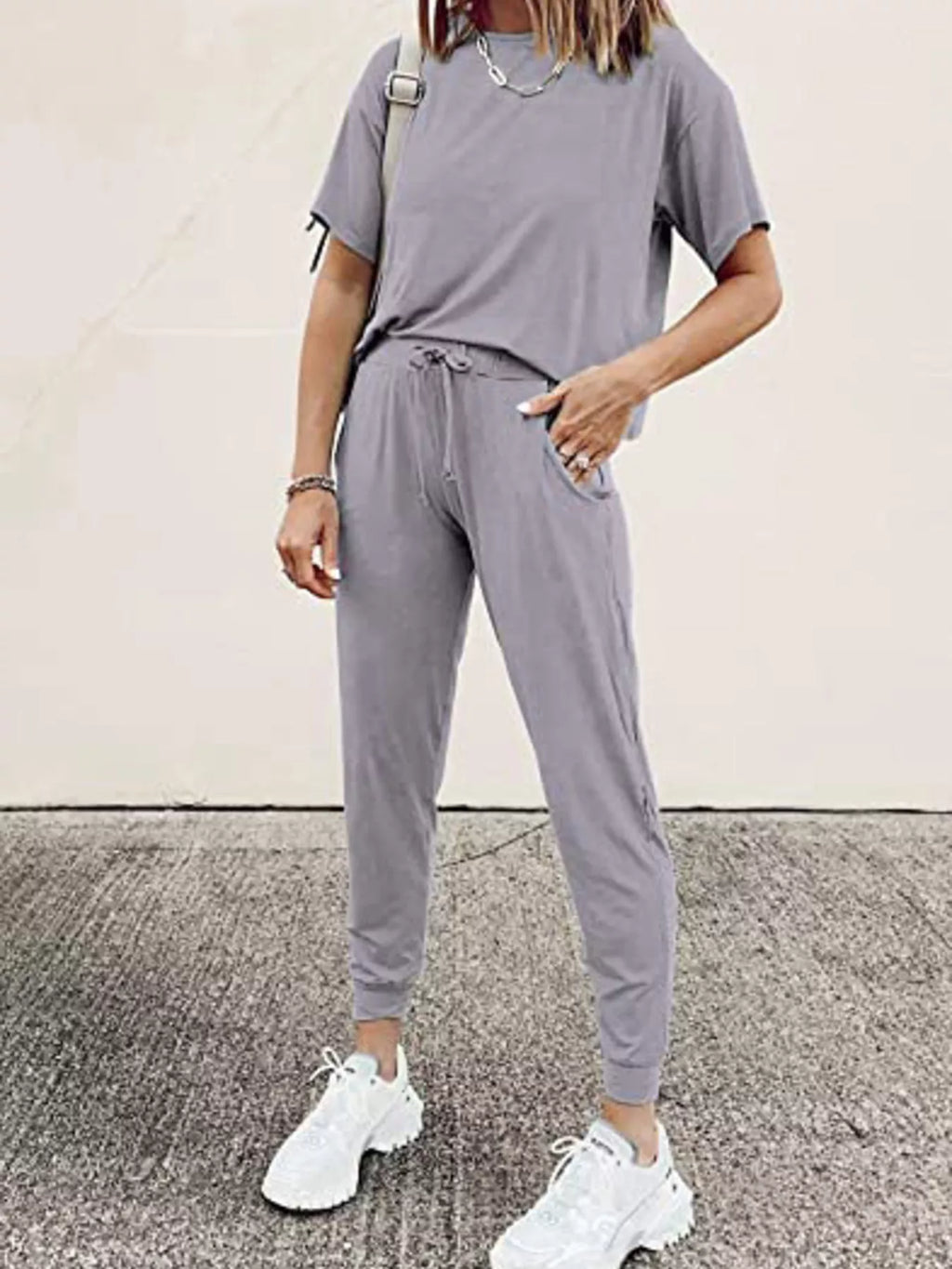 Round Neck Top and Drawstring Pants Set Plus Size in Pink for Women