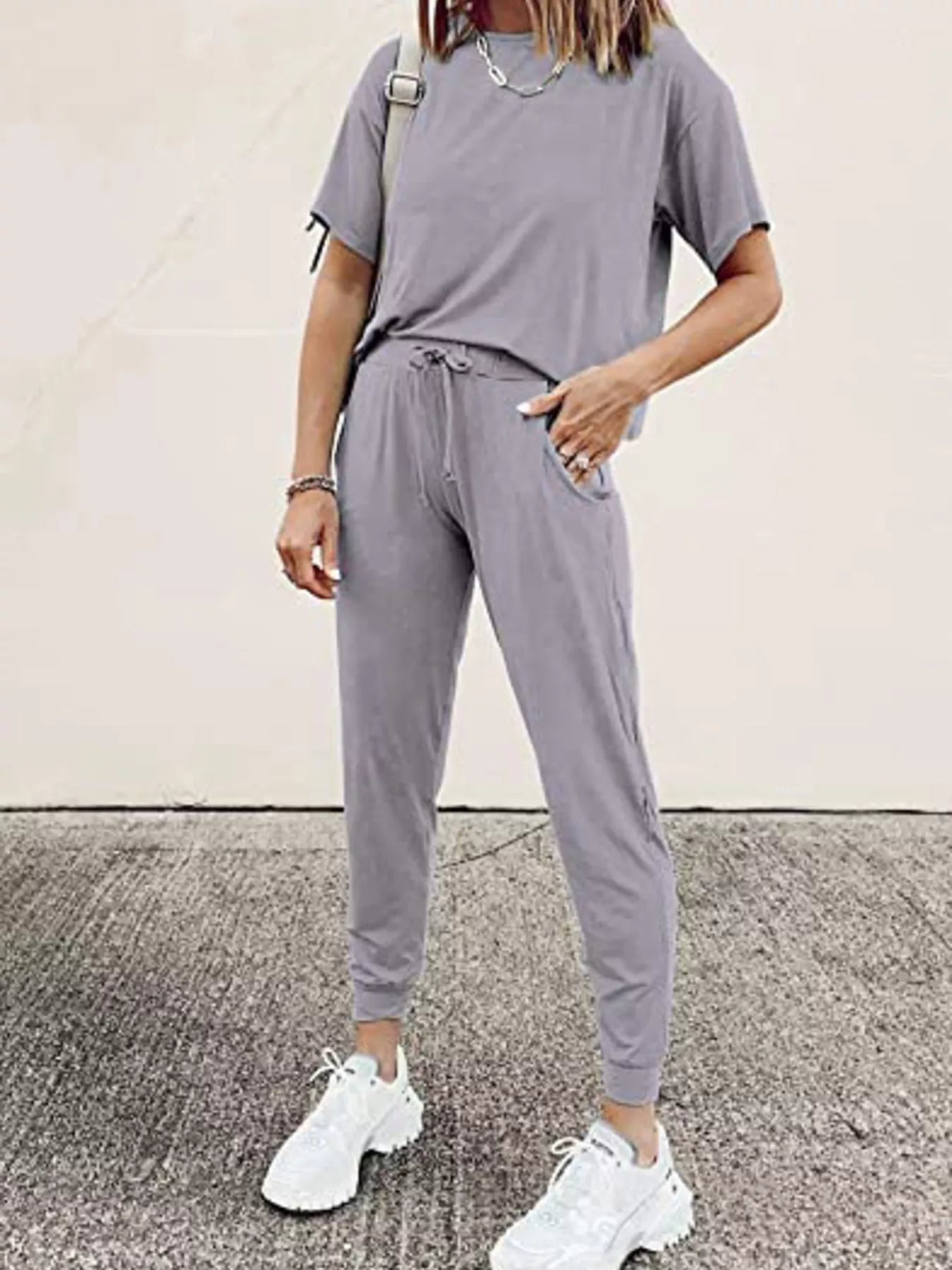 Round Neck Top and Drawstring Pants Set Plus Size in Pink for Women