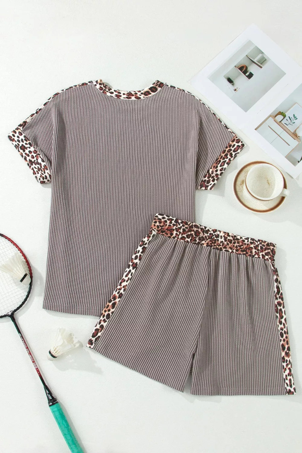 Leopard Trim Ribbed Knit Tee and Shorts Set in Taupe for Women