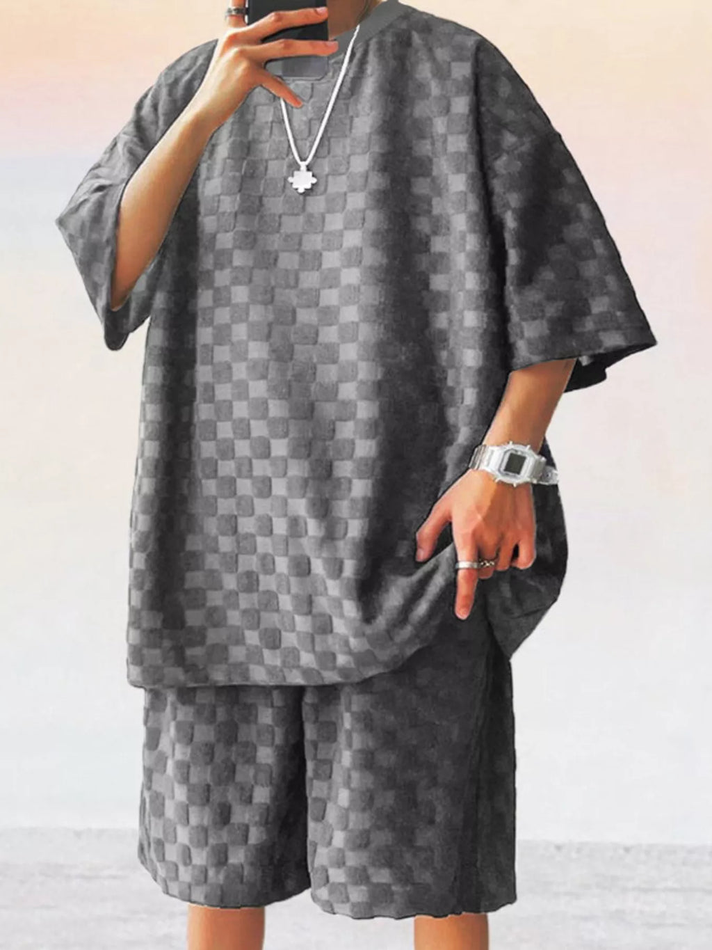 Textured Short Sleeve Tee and Shorts Casual Set Plus Size in Black for Men