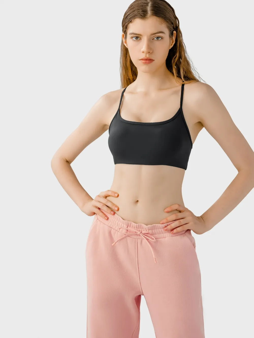 Crisscross Back Scoop Neck Active Cami with Detachable Chest Pads in Light Blue for Women