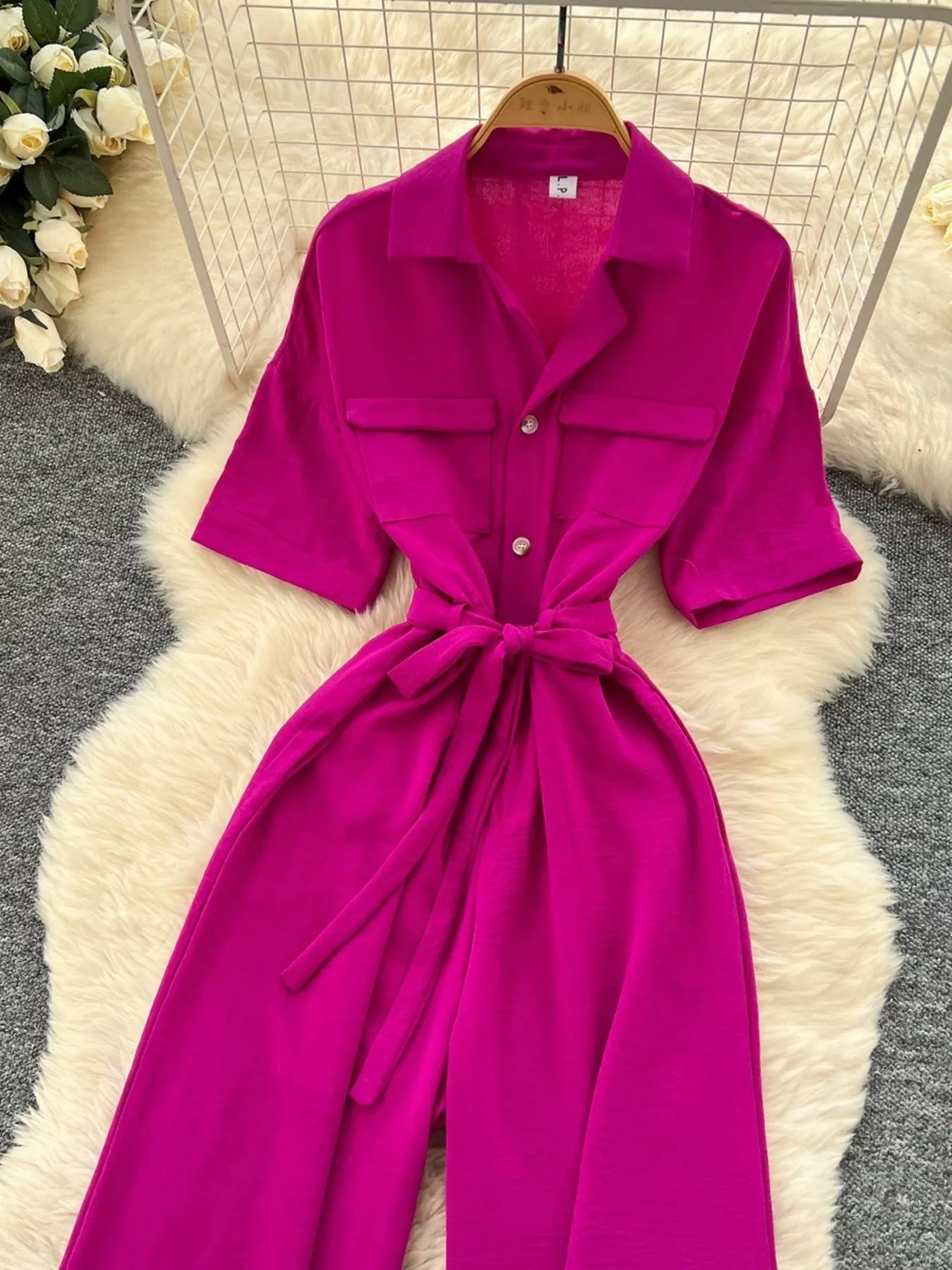 Pink Tie Waist Wide Leg Jumpsuit for Women