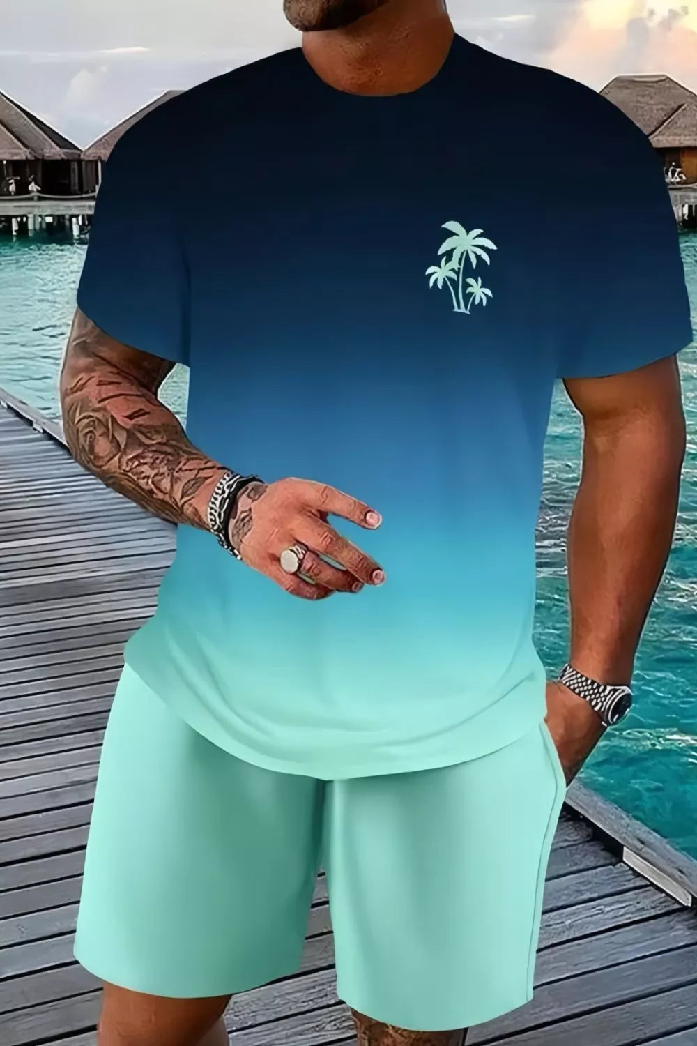 Tropical Print Casual Tee and Shorts Set Plus Size in Blue Purple for Men