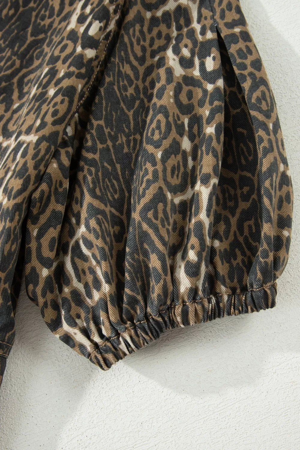 Leopard Print Puff Sleeve Denim Dress for Women