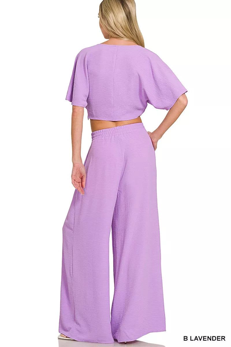 Woven Airflow Twisted Top & Wide Leg Pants Set in Lavender for Women
