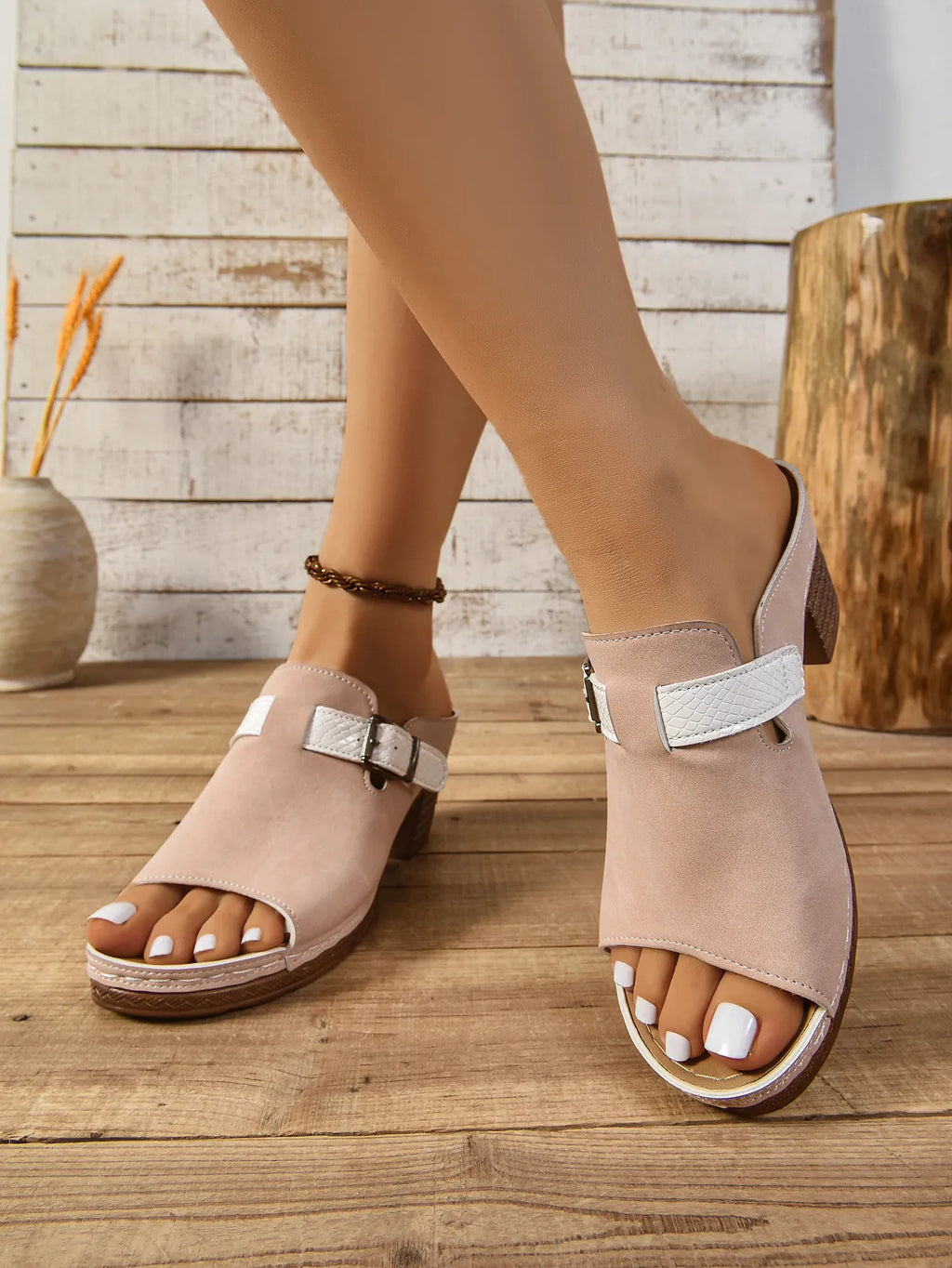 Buckle Block Heel Sandals in Red for Women