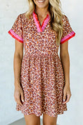 Leopard High Waist Ruffled Colorblock Trim Short Dress in Leopard for Women