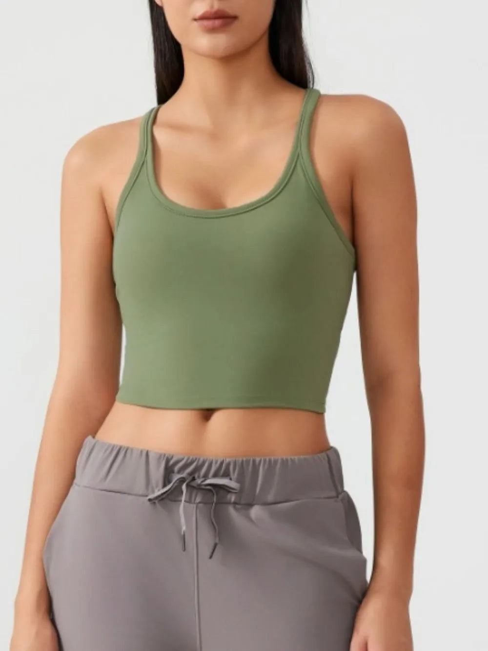 Scoop Neck Active Tank with Detachable Chest Pads in Beige for Women