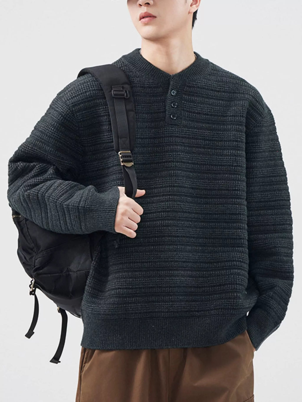 Plus Size Button Detail Long Sleeve Sweater in Dark Gray for Men