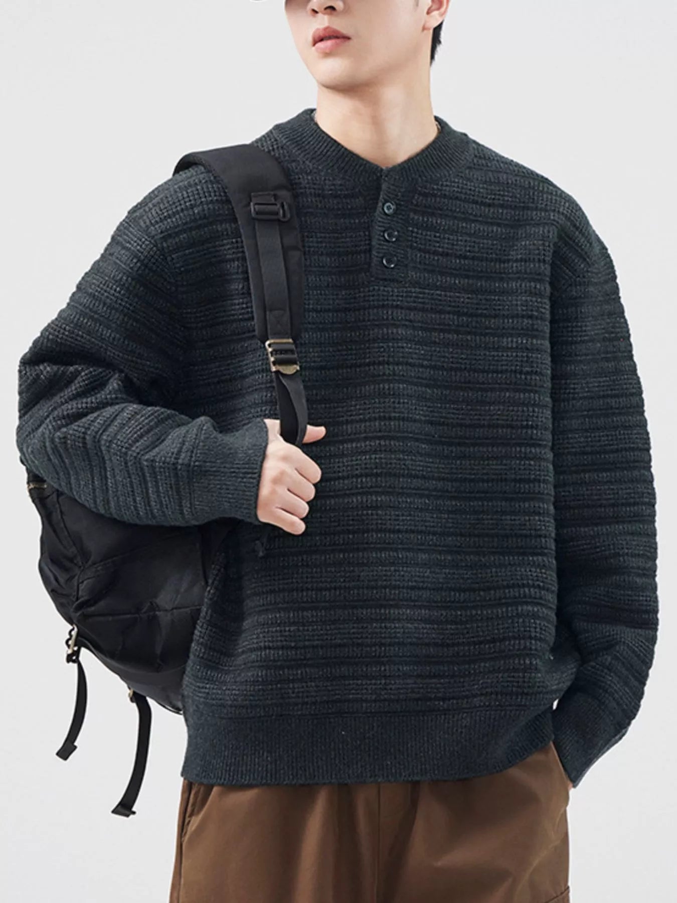 Plus Size Button Detail Long Sleeve Sweater in Dark Gray for Men