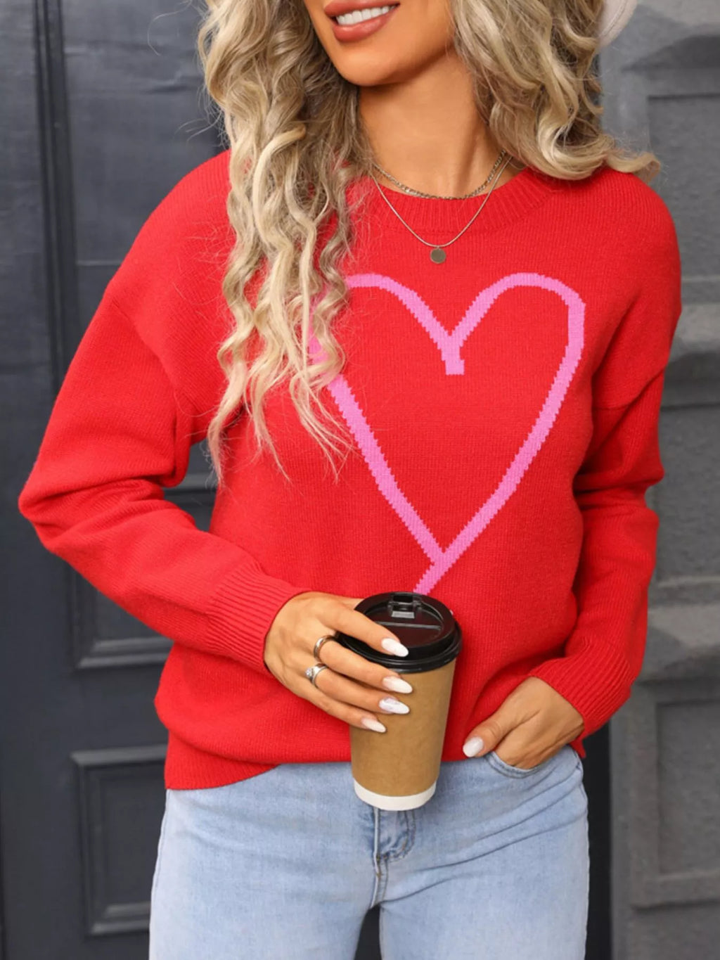 Valentines Day Heart Graphic Dropped Shoulder Sweater for Women