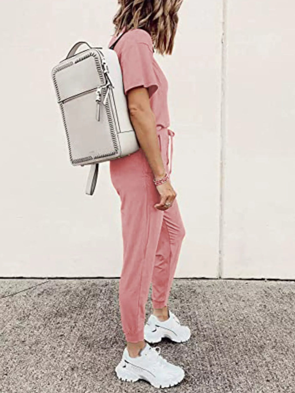 Round Neck Top and Drawstring Pants Set Plus Size in Pink for Women