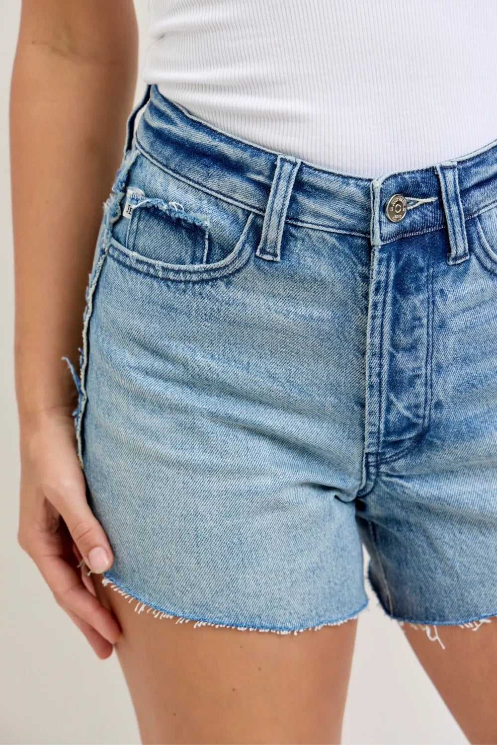 High Waist Rigid Magic Cut Off Denim Shorts with Raw Side Seams for Women