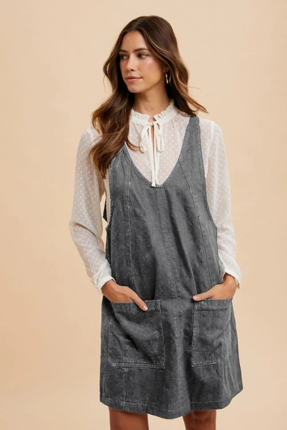 V-Neck Adjustable Strap Denim Overall Dress with Pockets in Charcoal for Women