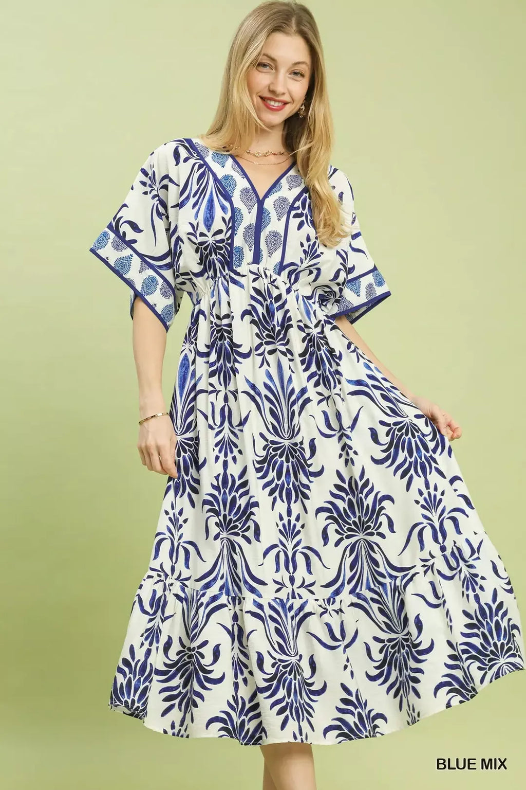 Mix Floral Border Midi Dress with Pockets in Blue Mix for Women