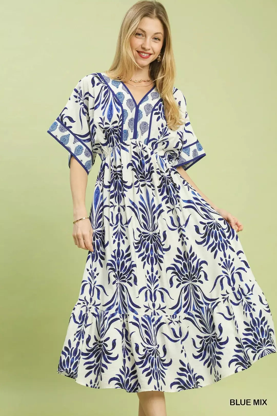Mix Floral Border Midi Dress with Pockets in Blue Mix for Women