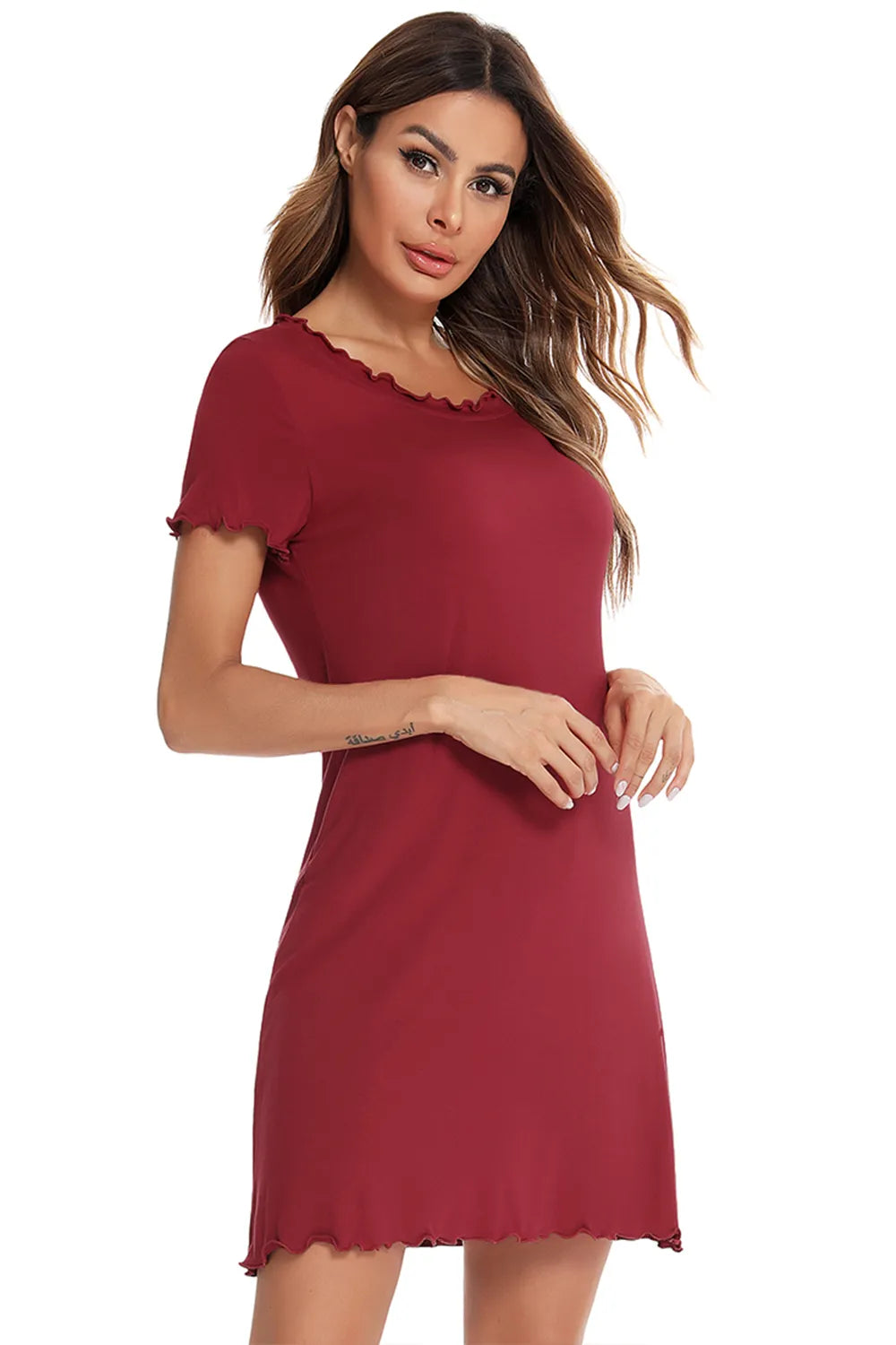 Round Neck Short Sleeve Lounge Dress in Black for Women