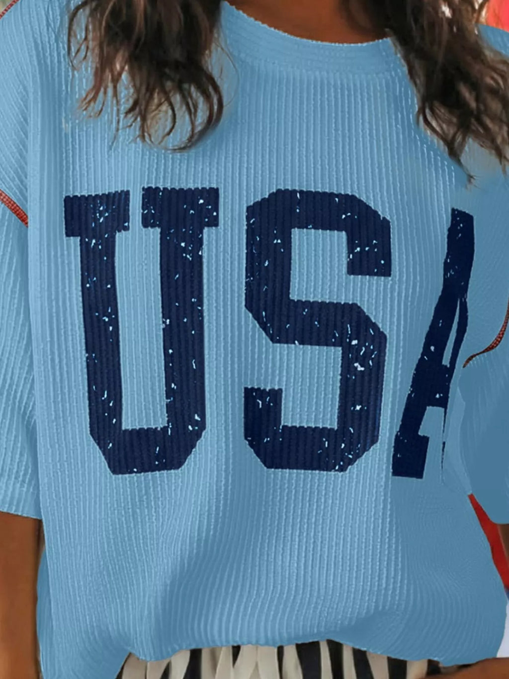 USA Graphic Ribbed Knit T-Shirt in Dusty Blue for Women