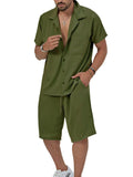 Plus Size Button Up Short Sleeve Shirt and Shorts Set in Military Green for Men