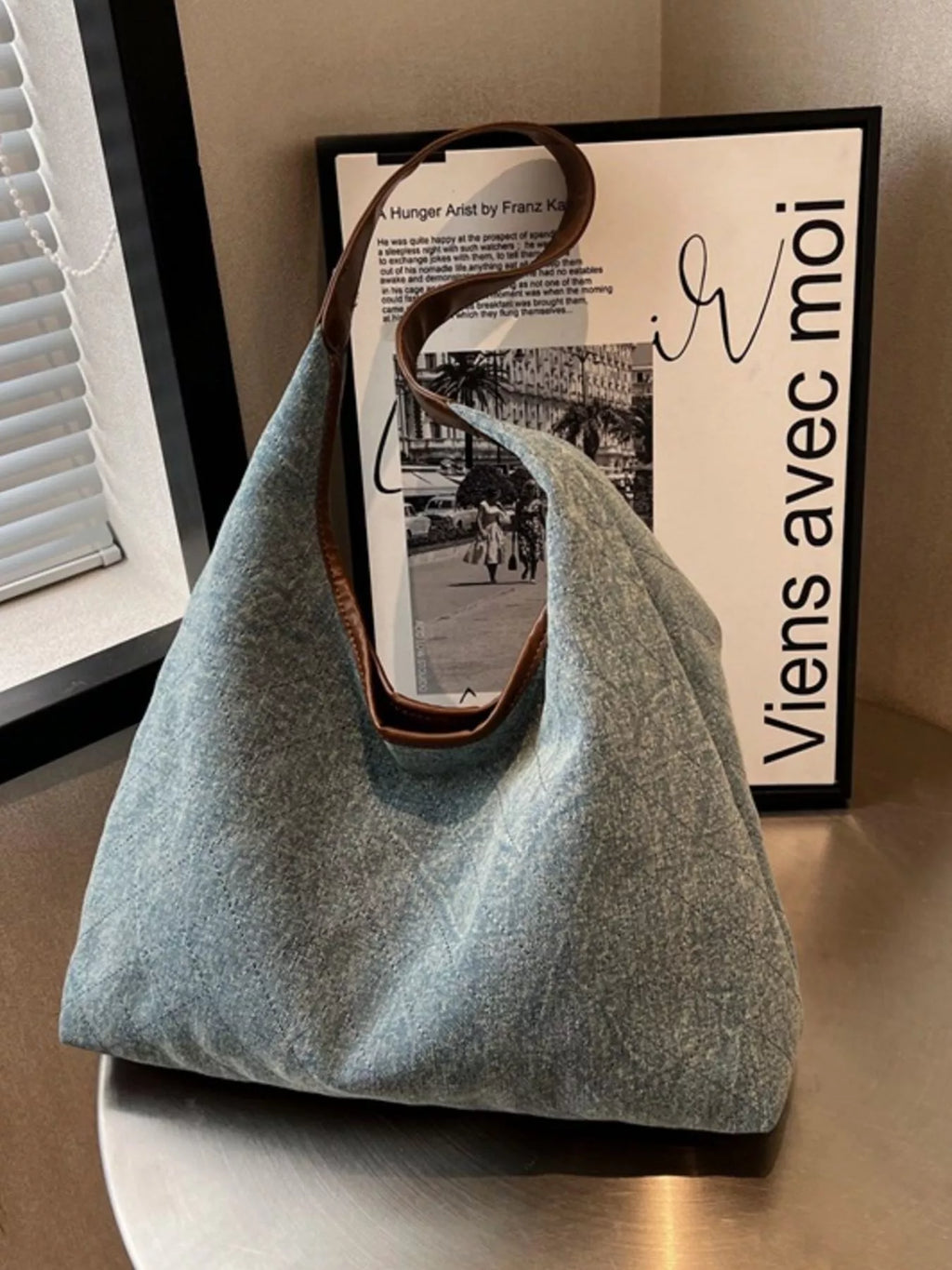 Denim Shoulder Bag with Leather Trim for Women