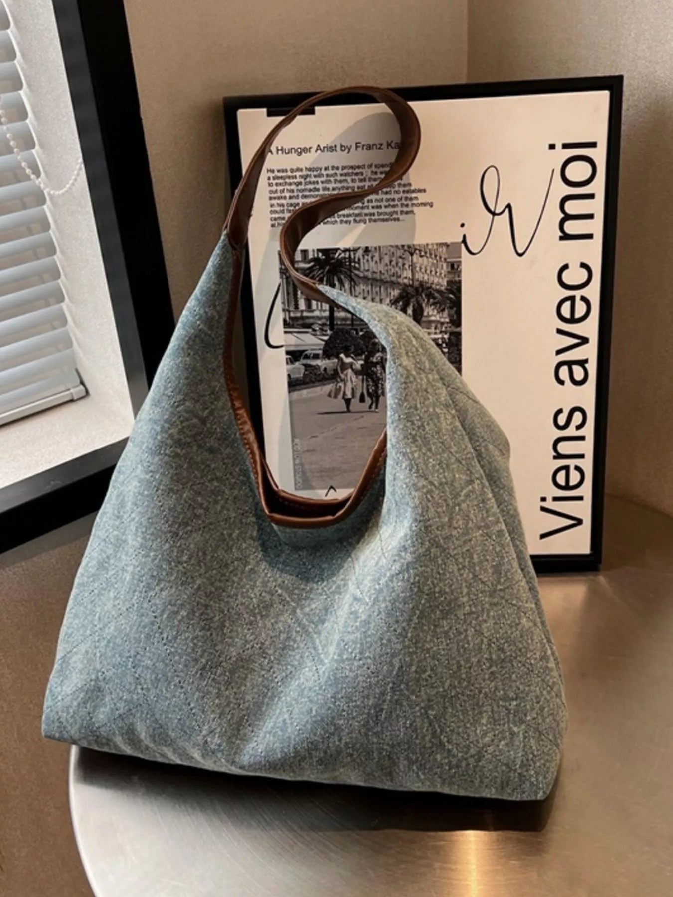 Denim Shoulder Bag with Leather Trim for Women