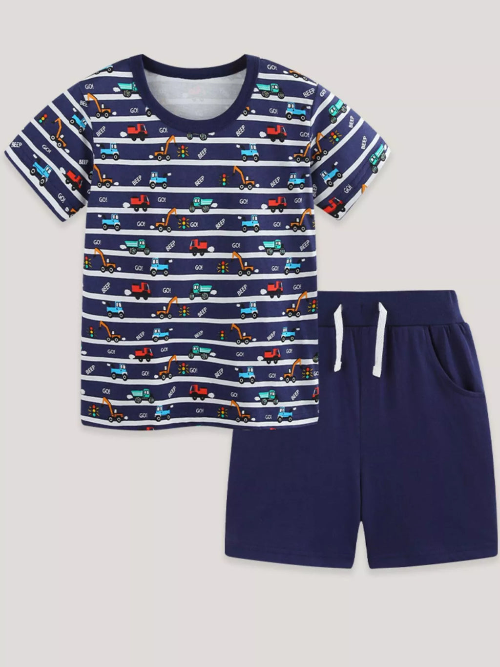 Vehicle Print Striped Tee & Shorts Set in Dark Navy for Boys