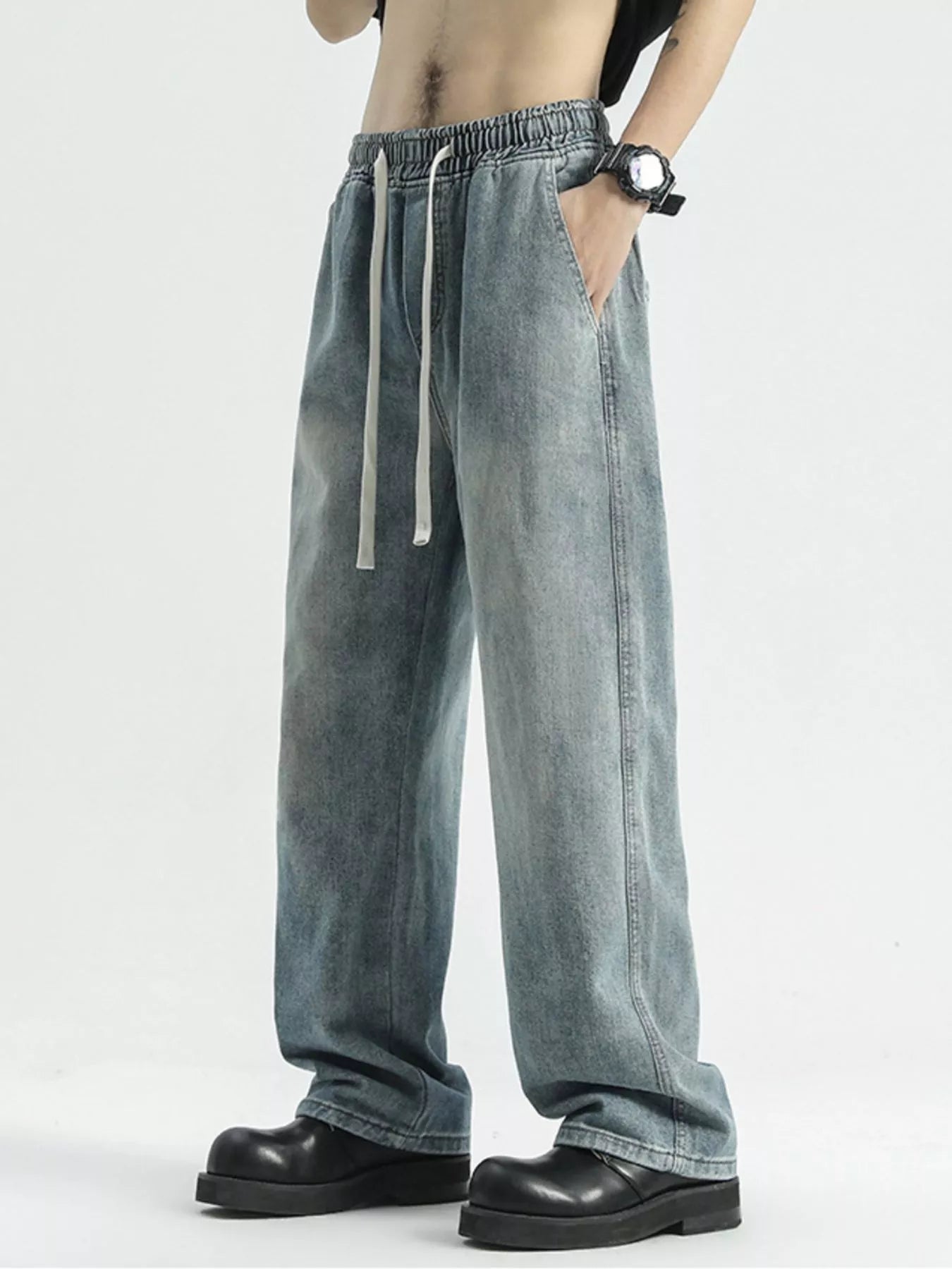 Washed Wide Leg Drawstring Jeans Plus Size in Polished Gray for Men