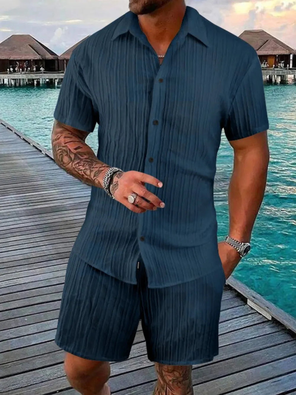 Button Down Short Sleeve Shirt and Shorts Set Plus Size in Gray for Men