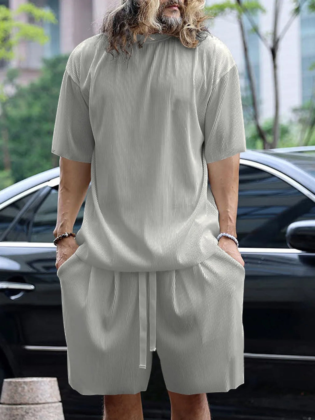 Round Neck Short Sleeve Top and Shorts Set Plus Size in White for Men