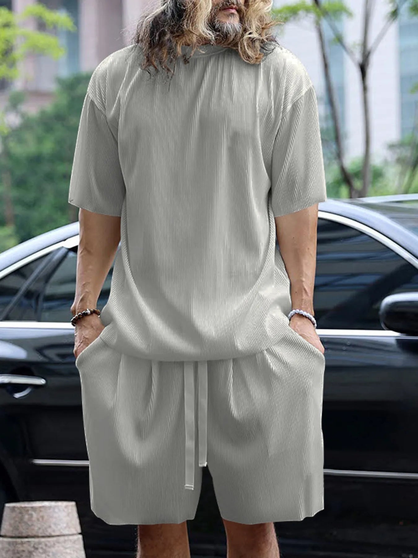 Round Neck Short Sleeve Top and Shorts Set Plus Size in White for Men