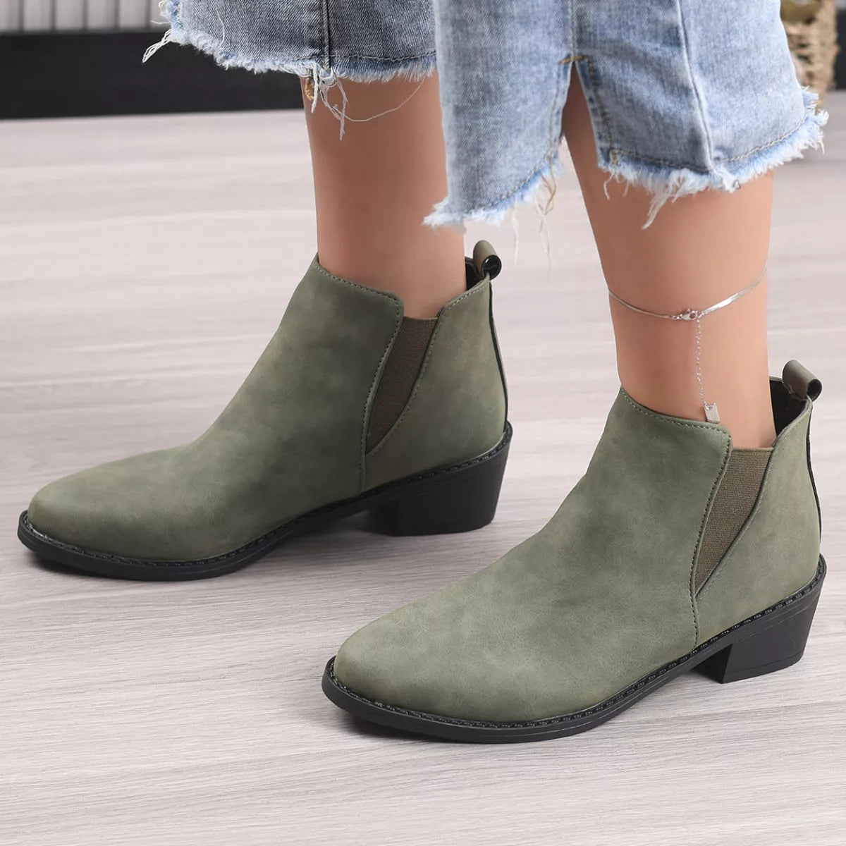 Point Toe Block Heels Ankle Boots in Black for Women