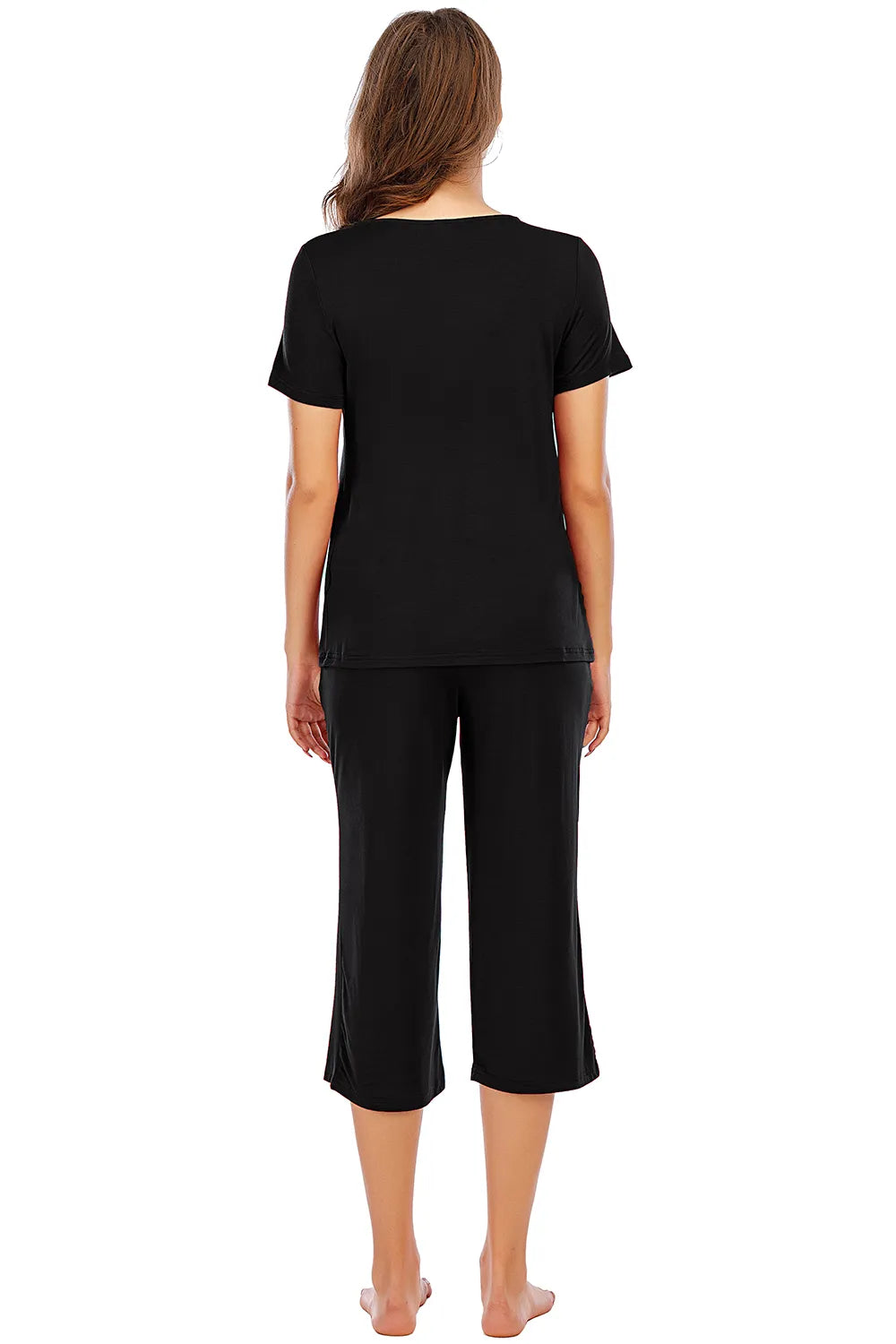 V-Neck Short Sleeve Top and Pants Lounge Set in Black for Women