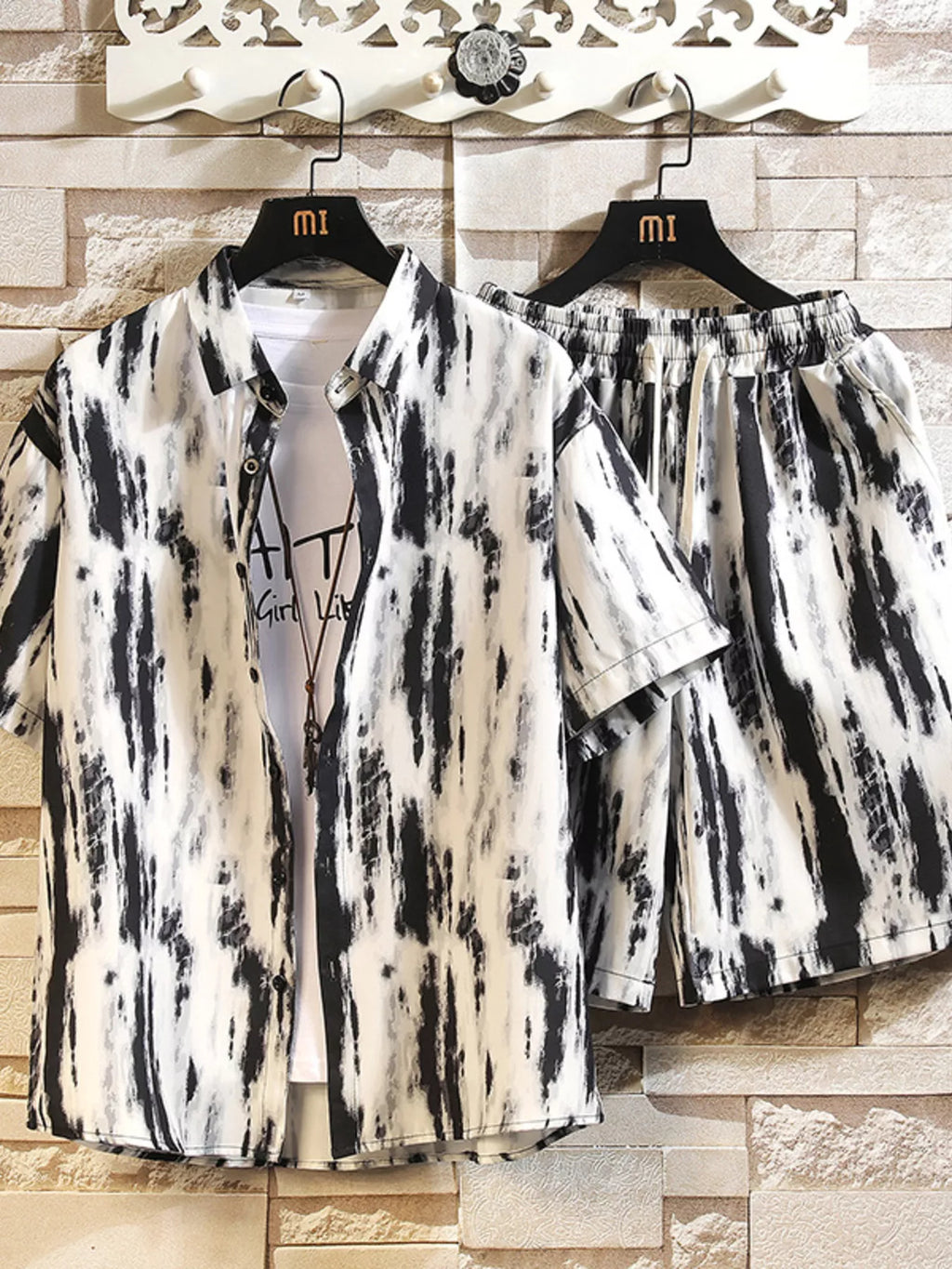 Printed Button Up Shirt and Shorts Set in Black for Men