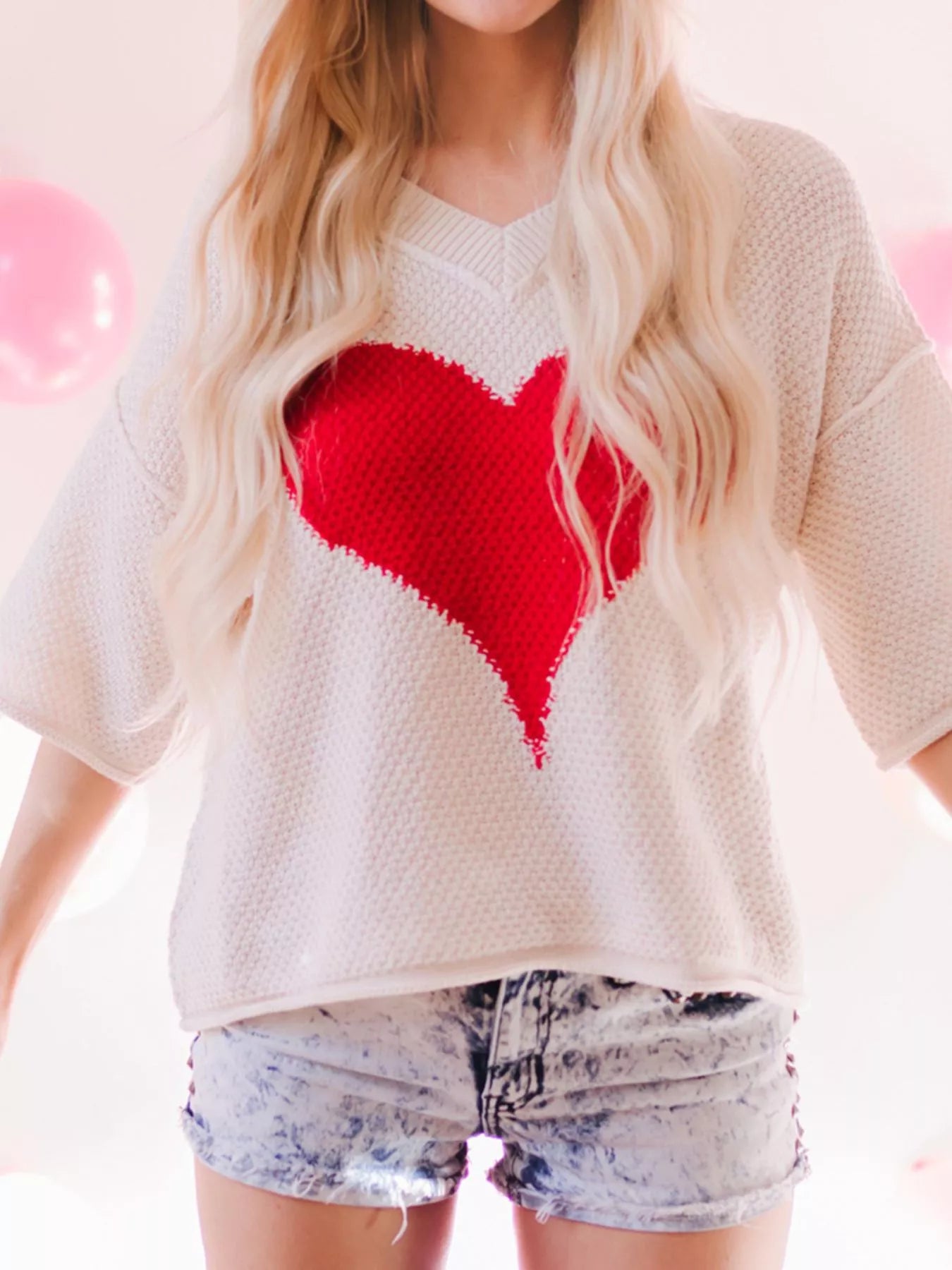 V-Neck Dropped Sleeve Heart Print Valentines Sweater in Beige for Women