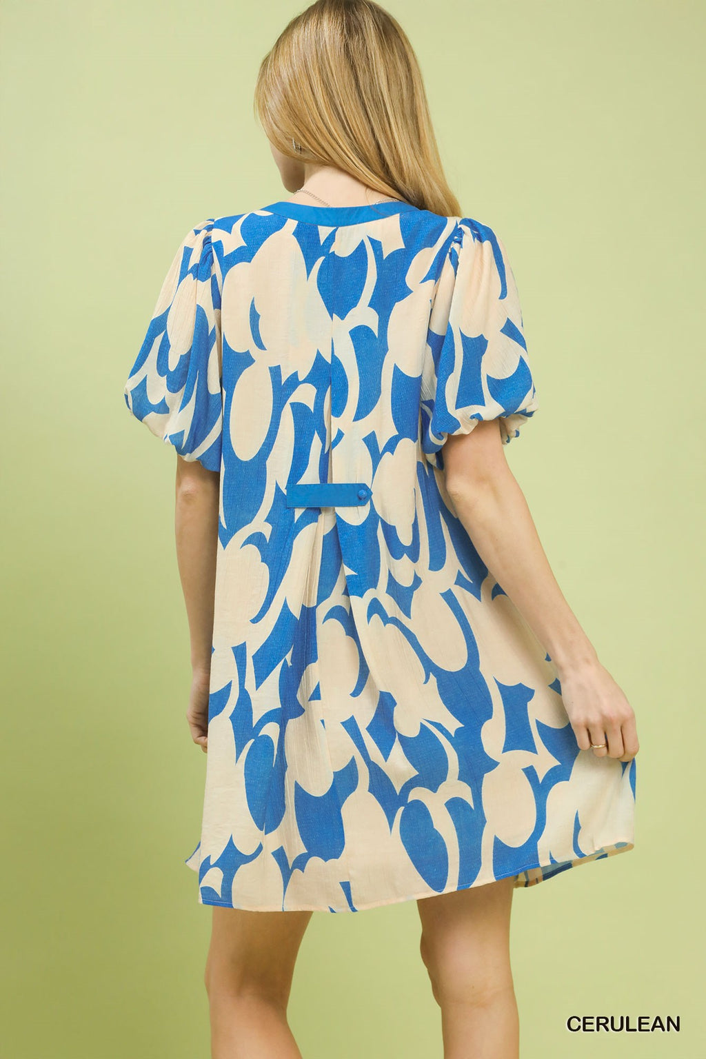 Abstract Print Puff Sleeve Shift Dress in Cerulean for Women