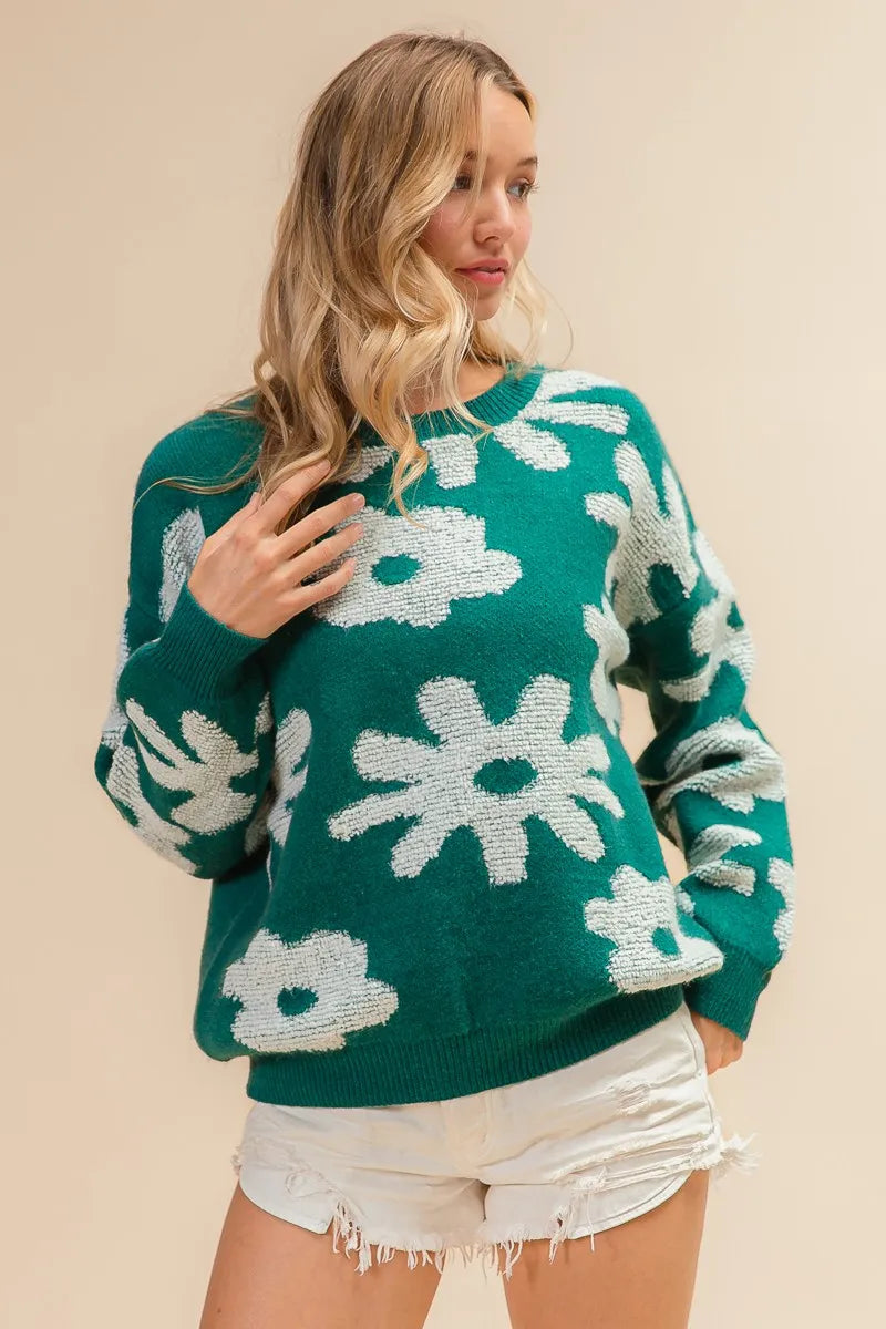 Flower Pattern Long Sleeves Sweater Top in Hunter for Women